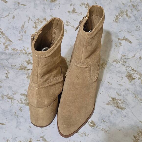 Vince Camuto Suede Ankle Boots Womens 9 1/2 M Pailey Camel Tan Block Heel Zip - Picture 4 of 11